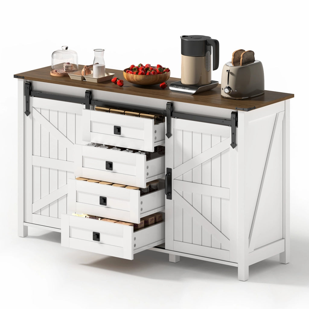 Credenza con 2 ante scorrevoli e 4 cassetti; mobile contenitore in MDF per cucina; sala da pranzo e soggiorno; bianco; 137 × 40 × 81.5 cm