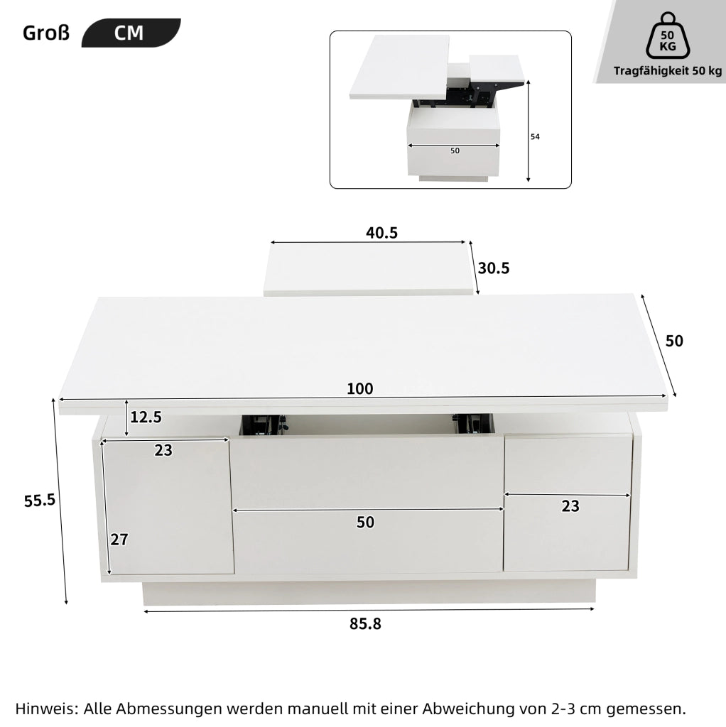 Tavolino da salotto con doppio piano sollevabile e vano contenitore; 100 x 50 x 43 cm; bianco