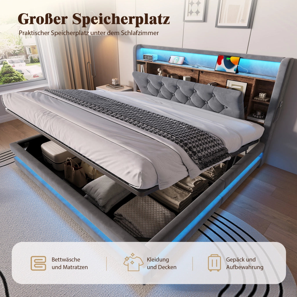 Letto matrimoniale 160x200 cm contenitore con LED; USB e Type-C; testiera con ripiani; velluto grigio scuro