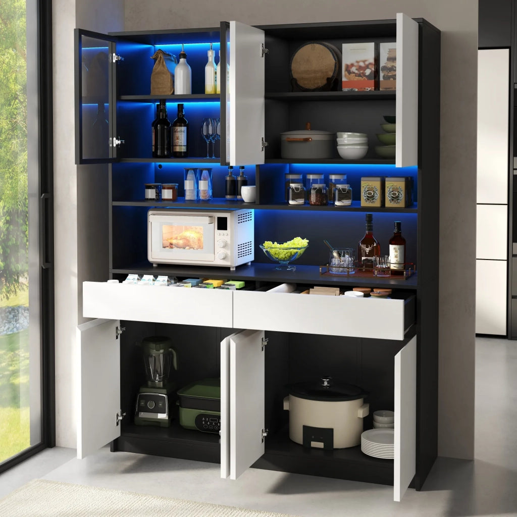 Mobile alto con illuminazione LED a colori controllata via APP, vano espositivo in vetro e ripiano aperto, credenza per soggiorno