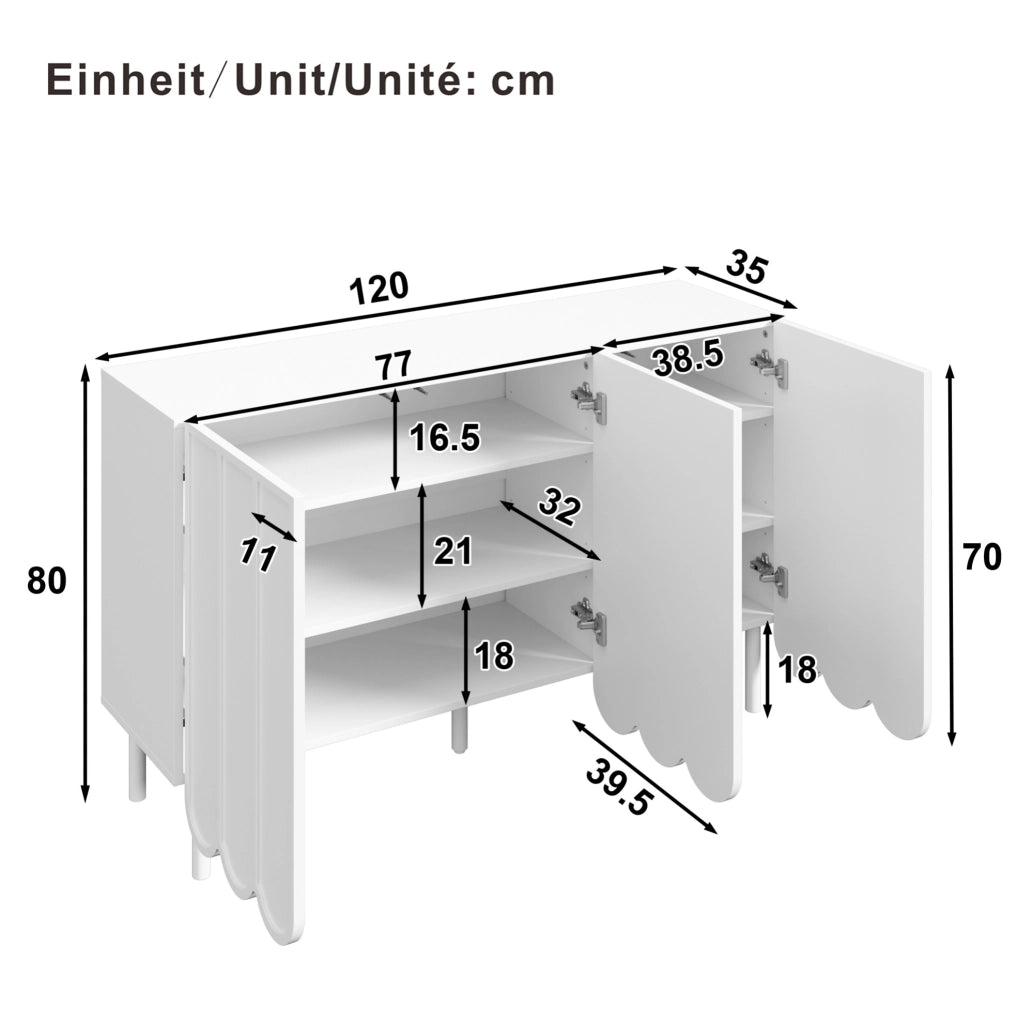 Credenza bianca moderna con porte ondulate e ante senza maniglie
