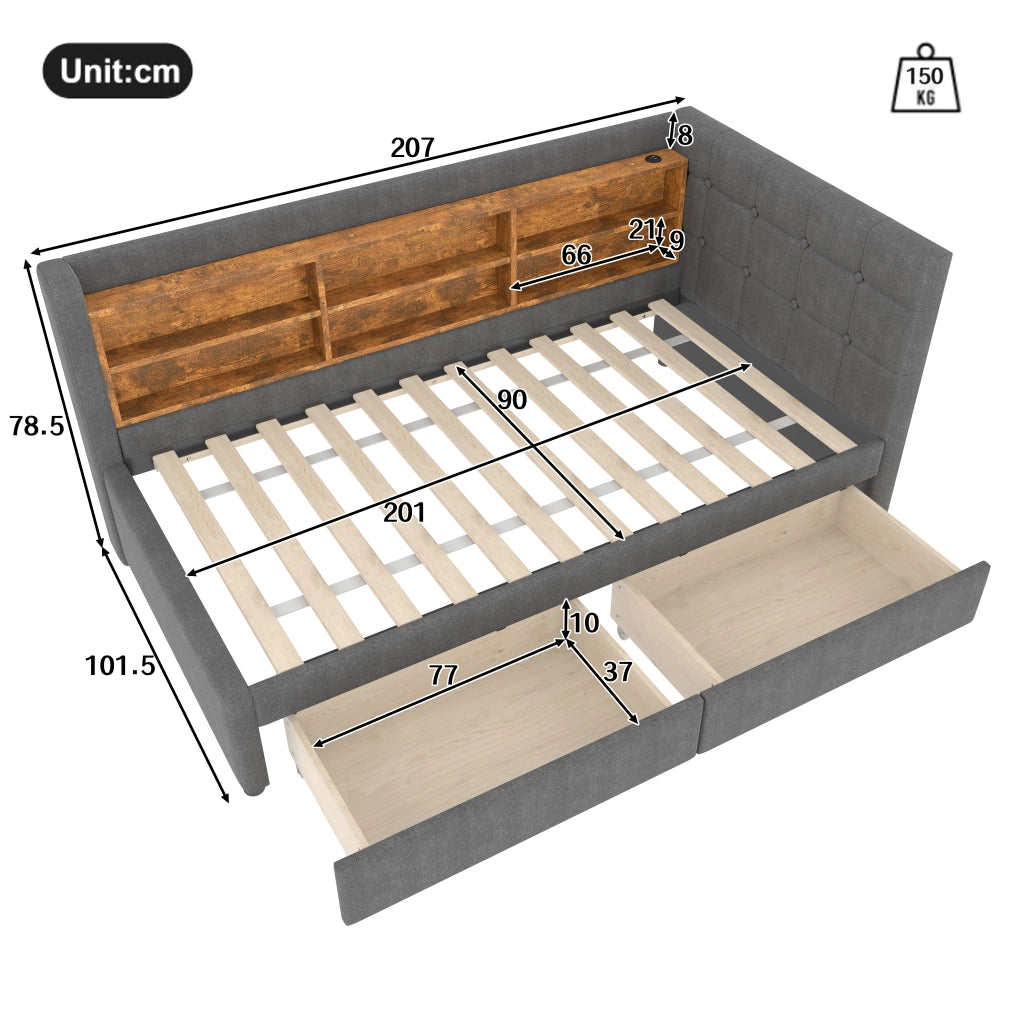 DESMIU Letto singolo 90 × 200 cm con 2 cassetti, USB, Type-C e ripiani, senza materasso, in lino, grigio