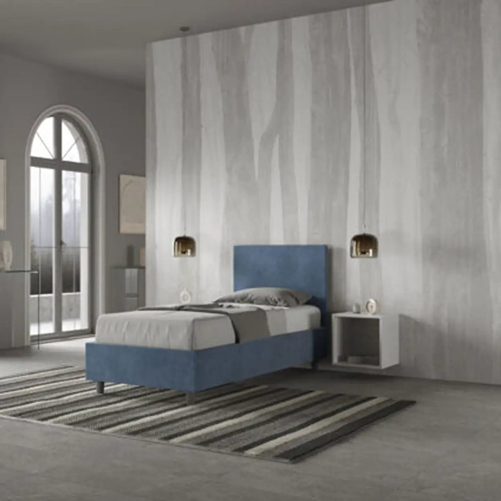 Letto singolo contenitore imbottito 80x190 microfibra blu Adele