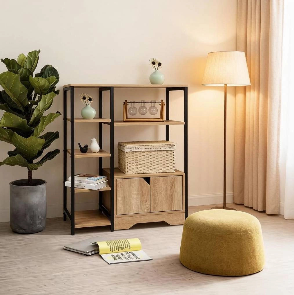 Libreria 80x35x97 cm rovere chiaro in MDF E1, 4 ripiani e cassetto