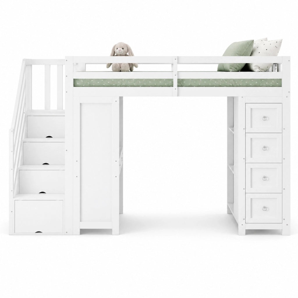 Letto a soppalco 90x200 cm bianco in pino, MDF e truciolato con scrivania