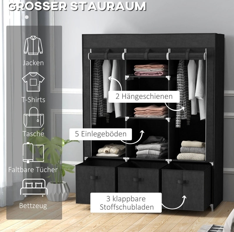 Armadio pieghevole in tessuto non tessuto con 3 cassetti, 125 x 43 x 162,5 cm, nero