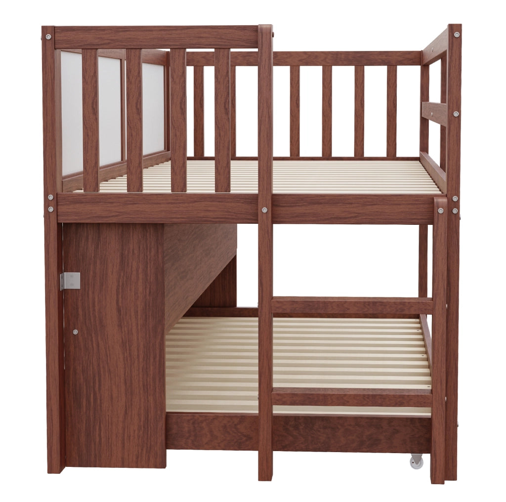Letto per bambini 90x200 cm marrone con letto estraibile, lavagna e scaffali