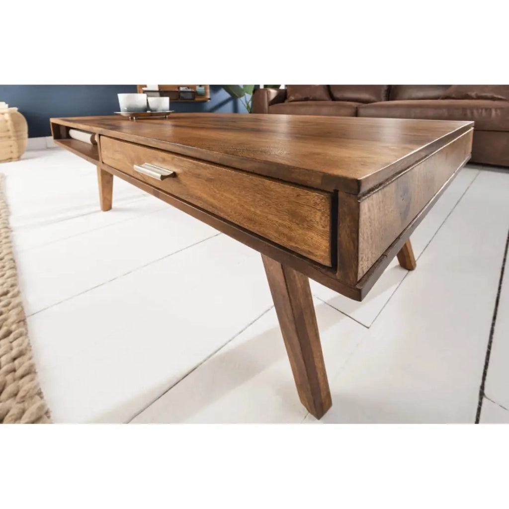 Tavolino basso SCANOVA 100 cm in legno massiccio di sheesham con contenitore stile scandinavo