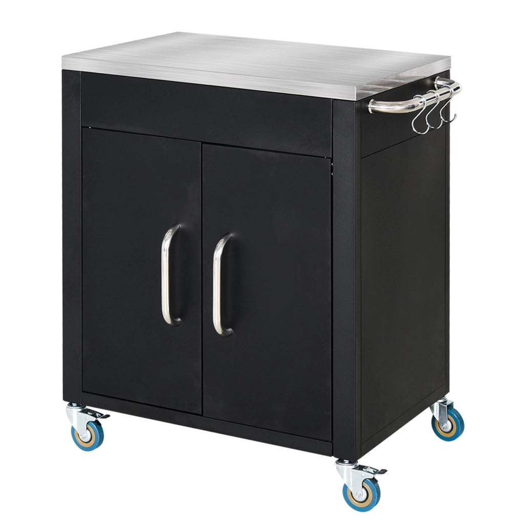 Carrello da cucina nero con ruote, armadietto, 6 ganci e piano in acciaio inox 86x50x86,5 cm