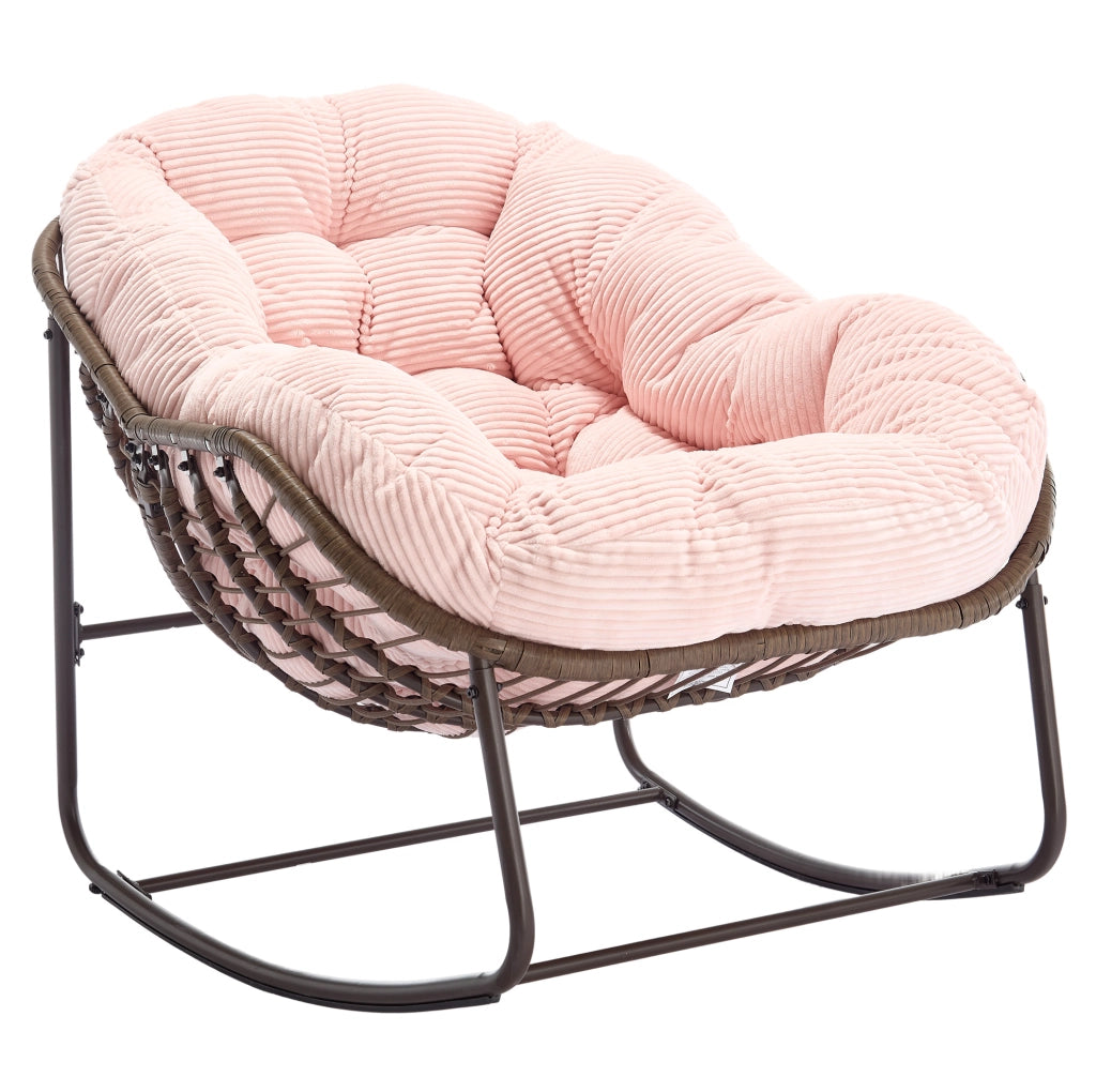 Sedia a Dondolo da Esterno in Rattan Sintetico con Cuscino Imbottito, 78x106x90 cm, Rosa