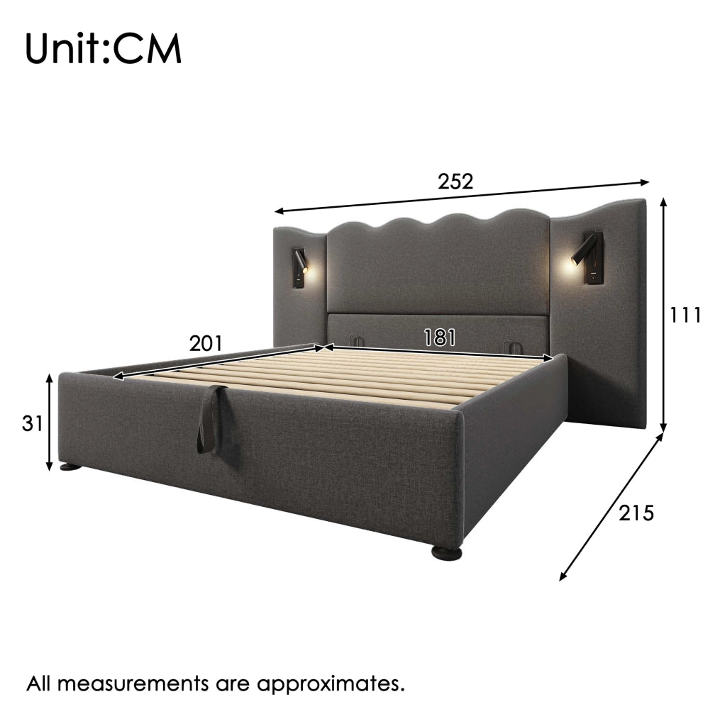 Letto contenitore matrimoniale 180x200 cm grigio con luce LED e porte USB