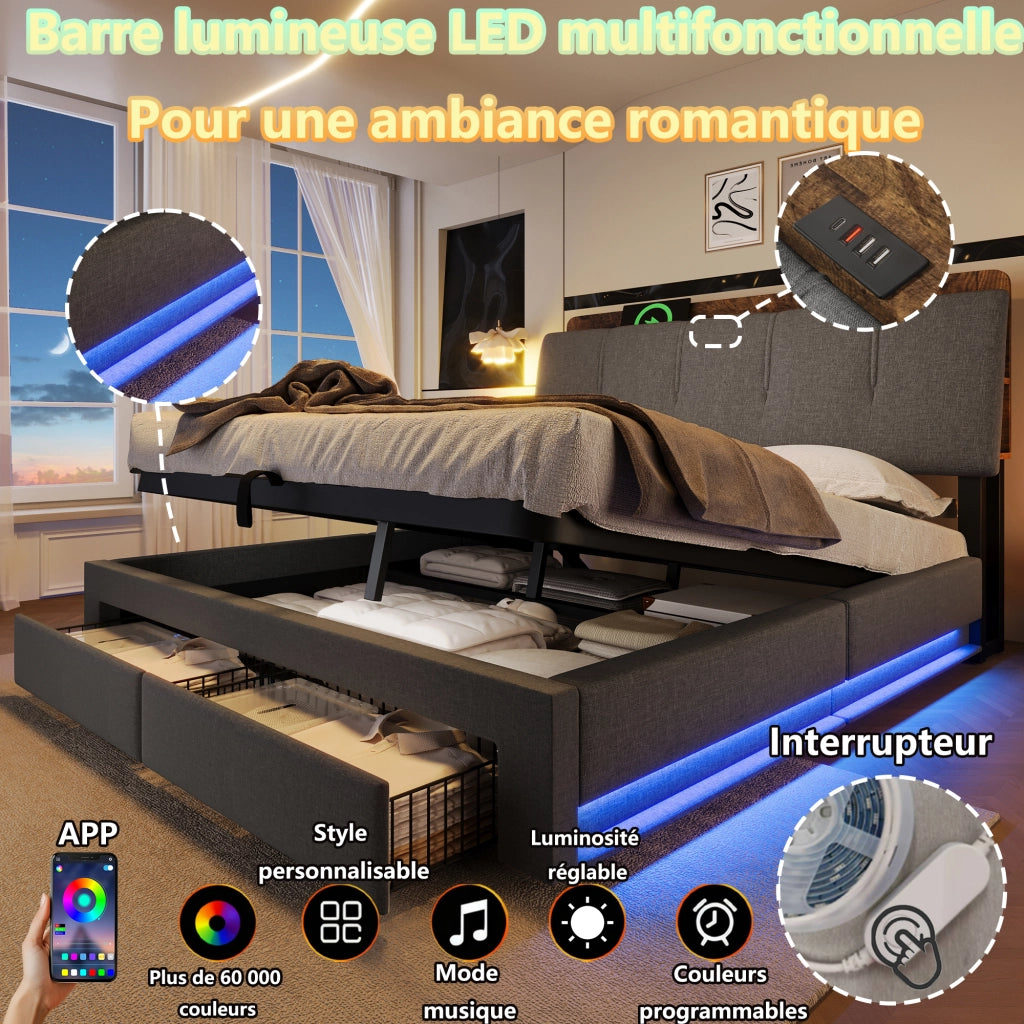 Letto contenitore 140 × 200 cm con vano idraulico cassetti laterali testiera imbottita USB Type-C LED grigio in lino