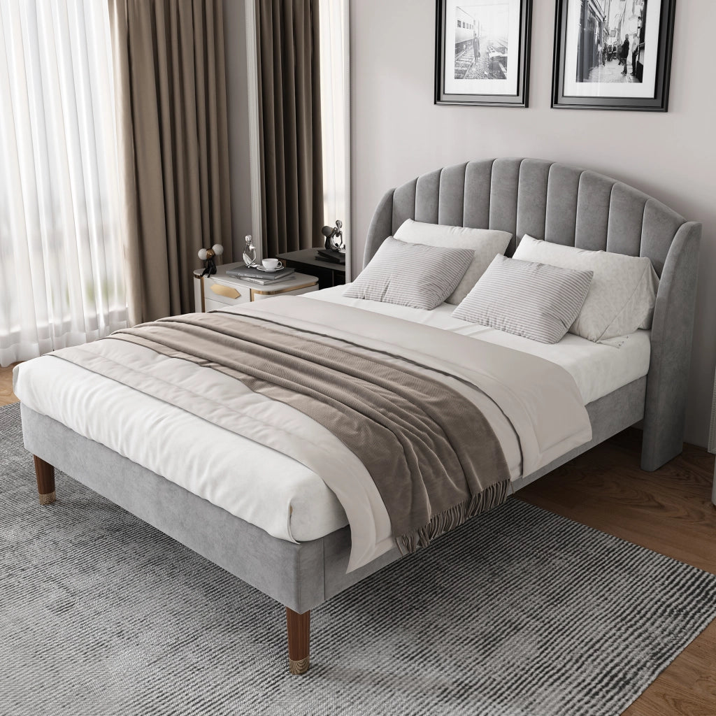 Letto imbottito 140 × 200 cm con rete a doghe in legno e testiera imbottita rivestito in velluto grigio