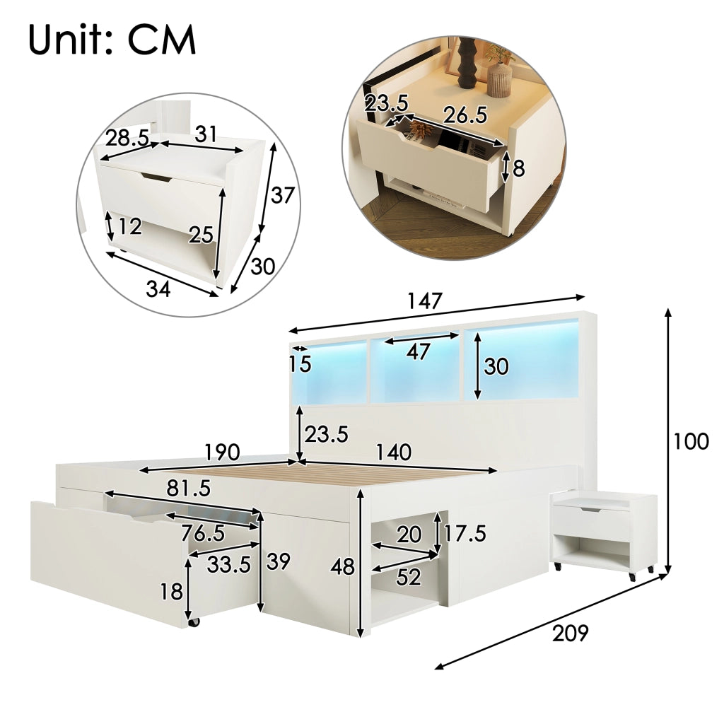 Letto matrimoniale 140 × 190 cm con comodini mobili in legno bianco LED USB Type-C cassetto e ripiani