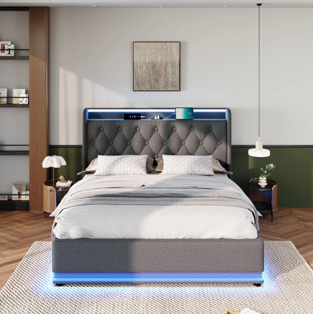 Letto matrimoniale 160x200 cm con contenitore idraulico; LED e USB-C; lino grigio