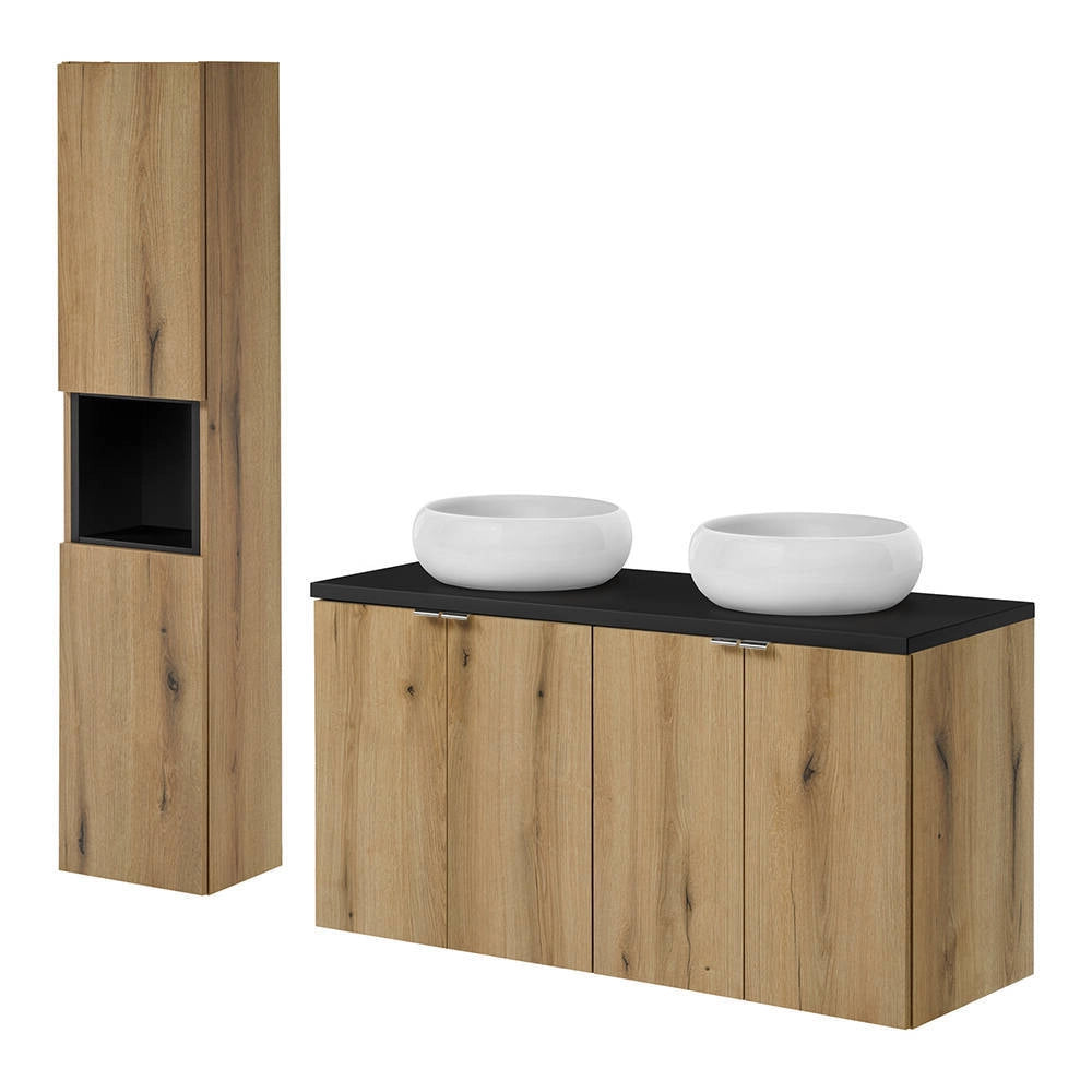 Mobile Pensile Sottolavabo Doppio Newport a 4 Ante con 2 Lavabi Rotondi - Effetto Rovere/Nero [en.casa]