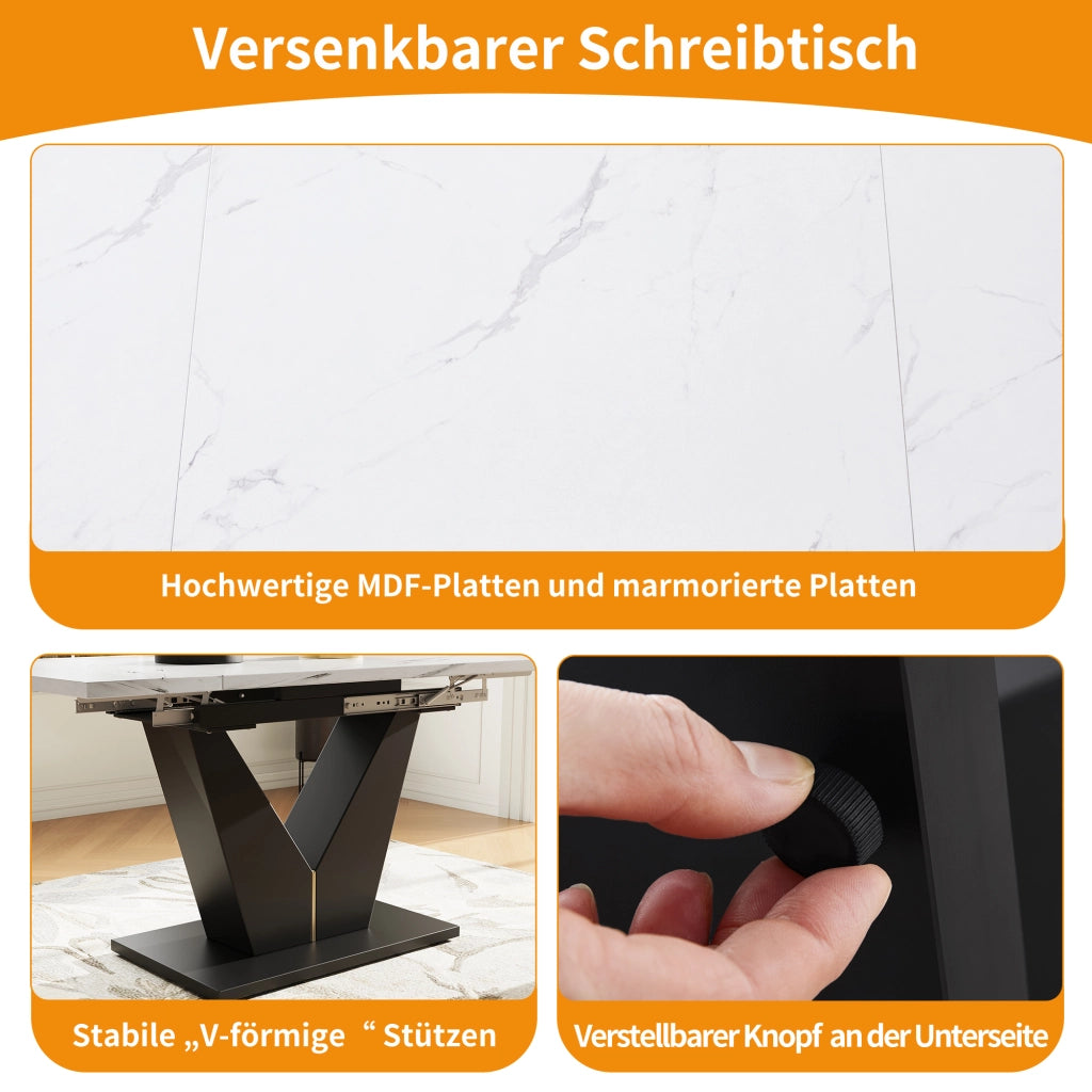 Tavolo allungabile da pranzo con piano in MDF effetto marmo guide in metallo bianco e nero 99–159 × 75 × 75 cm