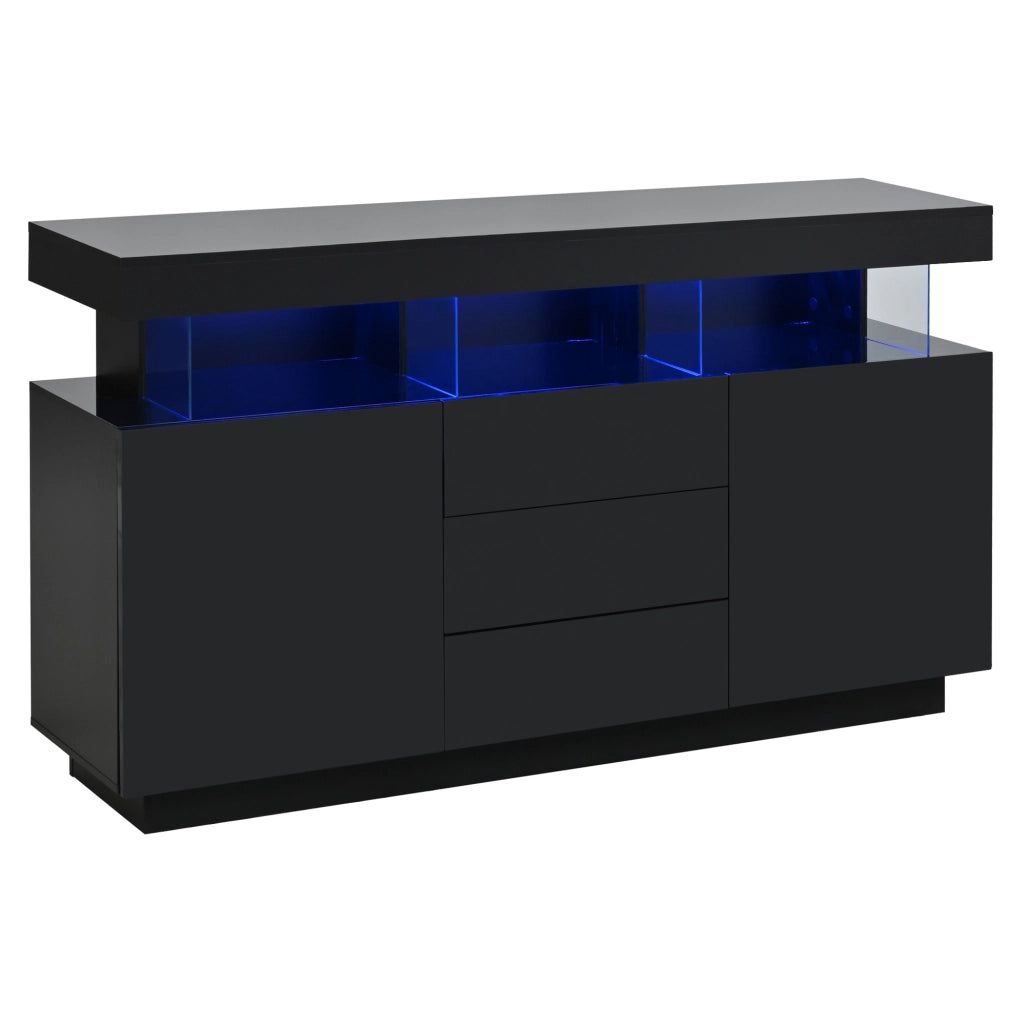 Credenza alta lucida 140 x 35 x 80 cm nera con LED per sala da pranzo