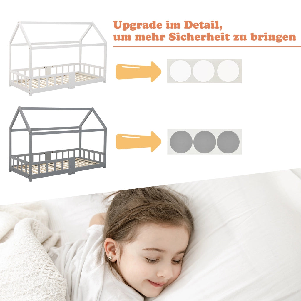 DESMIU Letto casetta bambino 90 × 200 cm con lavagna, sponda di sicurezza, senza materasso, legno massello, bianco