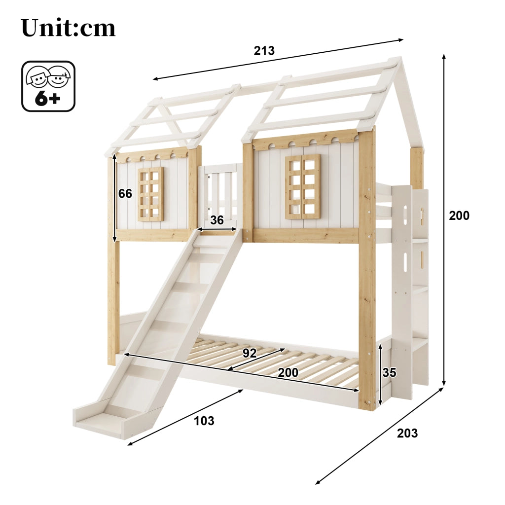 Letto a castello a casetta per bambini 90 x 200 cm; con scivolo; scala flessibile; protezione anticaduta a 360  ; finestra; struttura in legno; bianco
