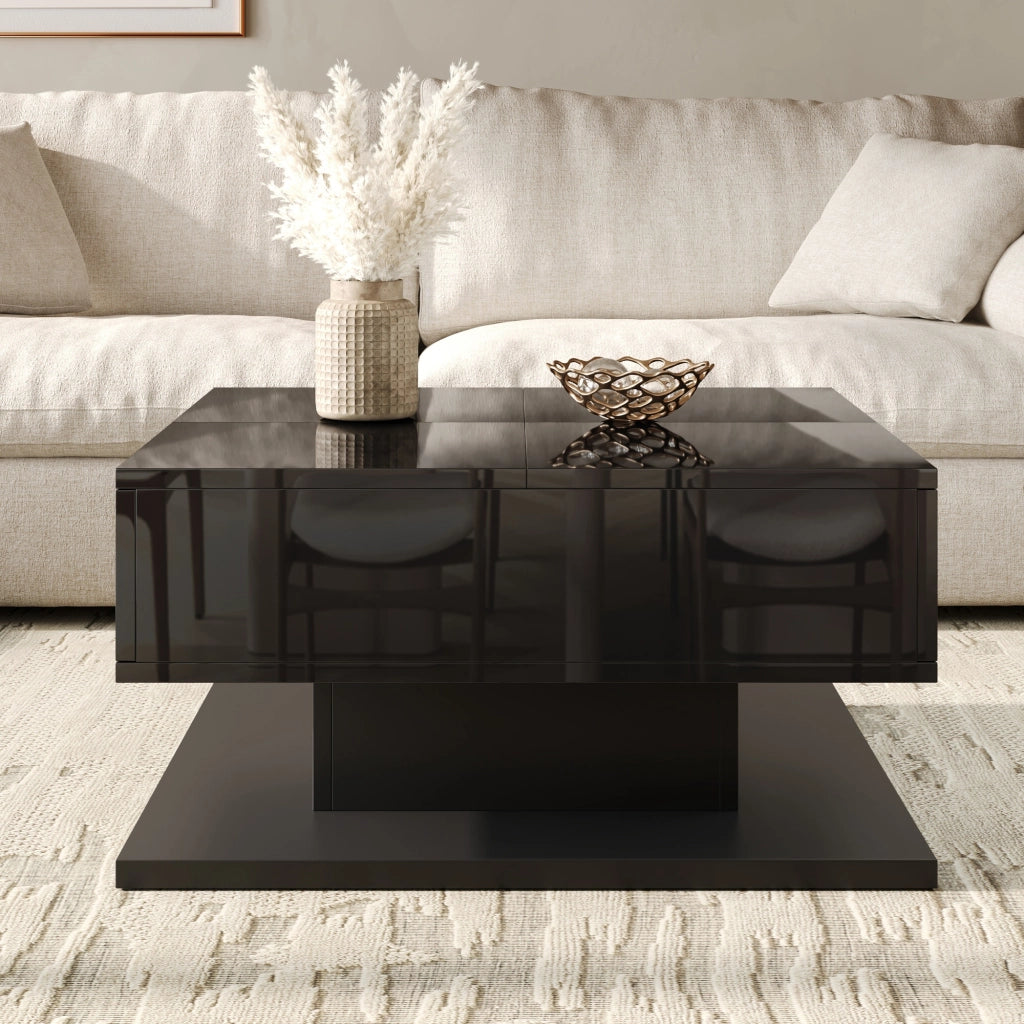 Tavolino basso alzabile con piano a ribalta due cassetti LED con controllo tramite app nero 72 × 72 × 35 cm