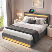 Letto imbottito 140x200 cm con USB; LED e contenitore; PU; grigio