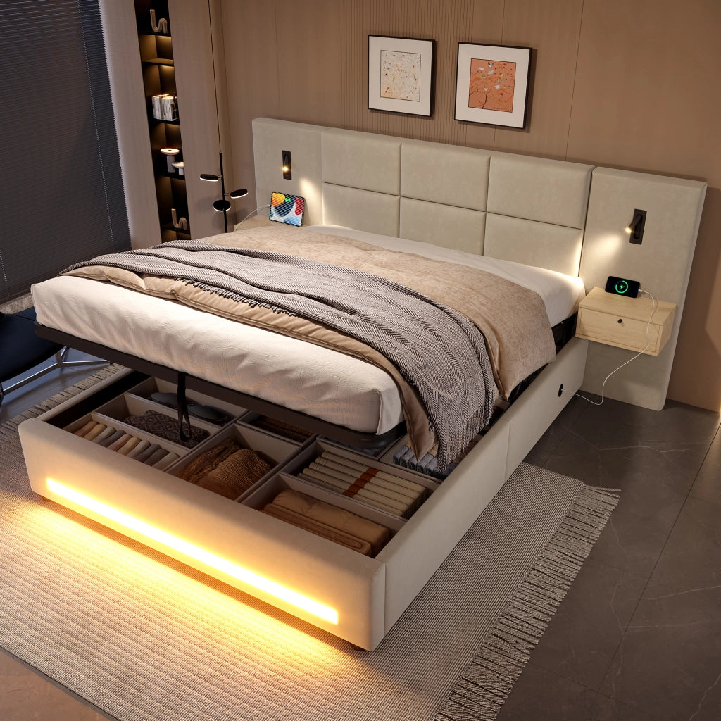 Letto contenitore 160 × 200 cm con testiera imbottita in velluto beige LED USB-C e vano idraulico