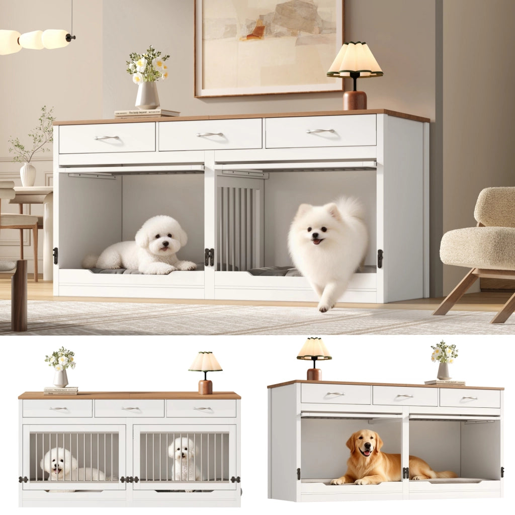 Gabbia per cani con divisorio removibile e porta superiore a ribalta in MDF e metallo bianco naturale 164 × 60 × 81 cm