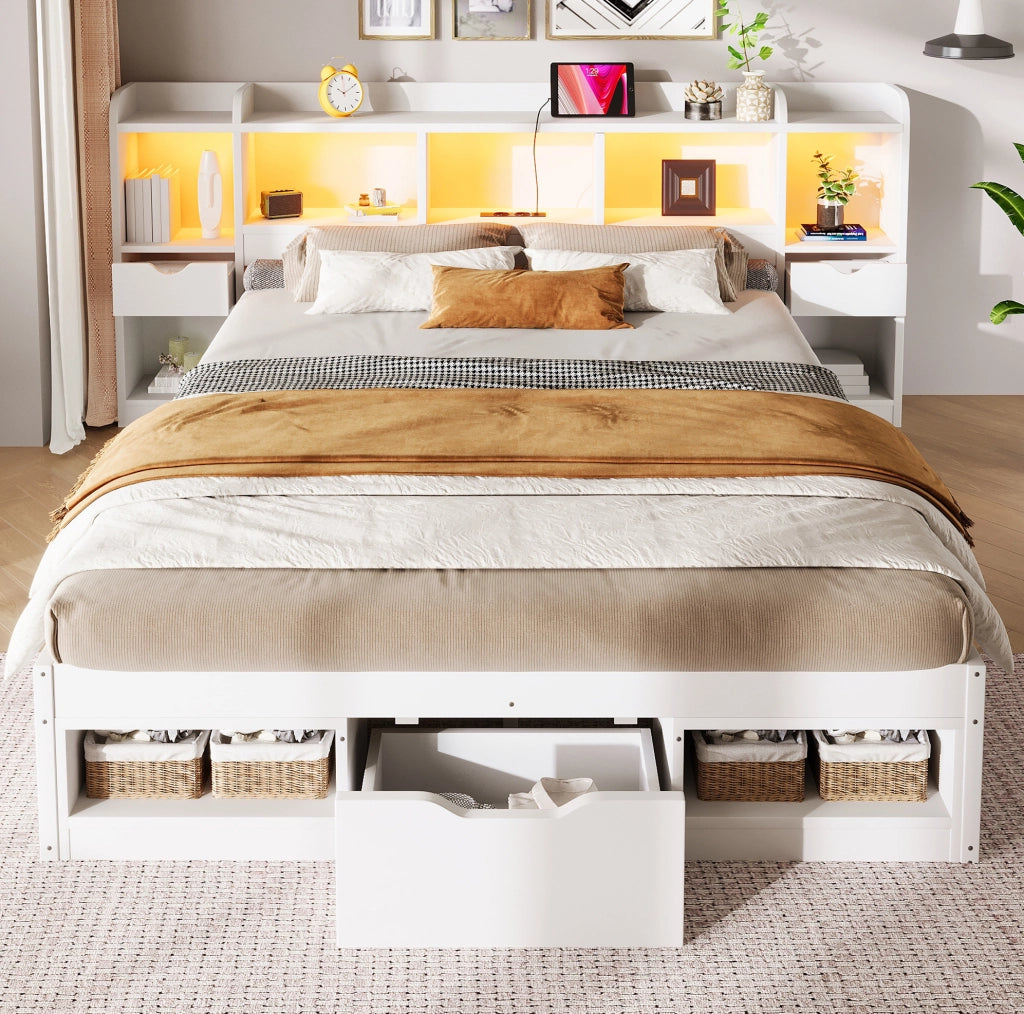 LETTO a Piattaforma 140x200 cm con Vani e Cassetti MDF Bianco