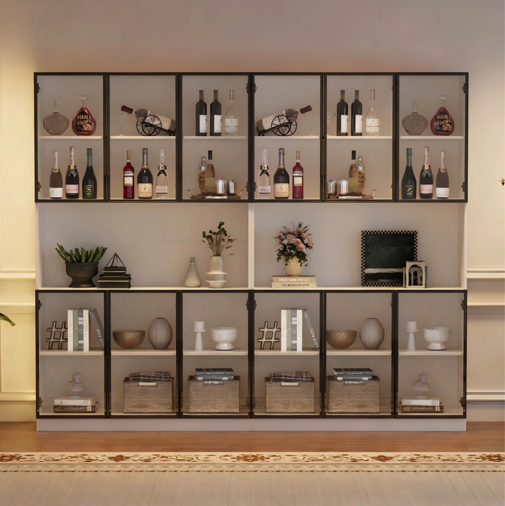 Vetrina bianca in MDF con 12 ante in vetro, illuminazione LED controllabile via app, 240x34x200 cm