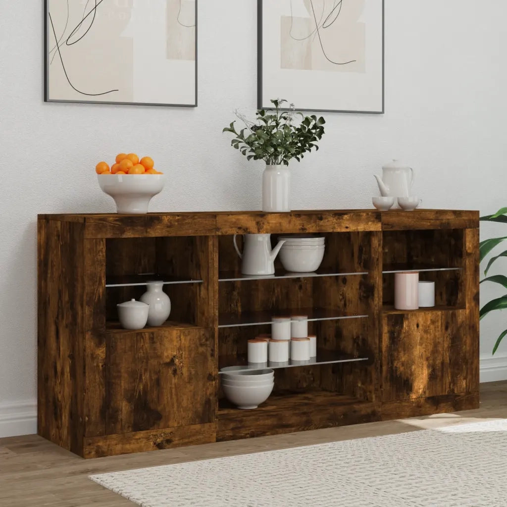 Credenza con Luci LED Rovere Fumo 142,5x37x67 cm