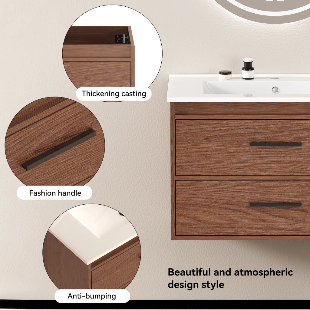 Armadietto da bagno con 2 cassetti scorrevoli silenziosi in MDF marrone rossiccio larghezza 75 cm