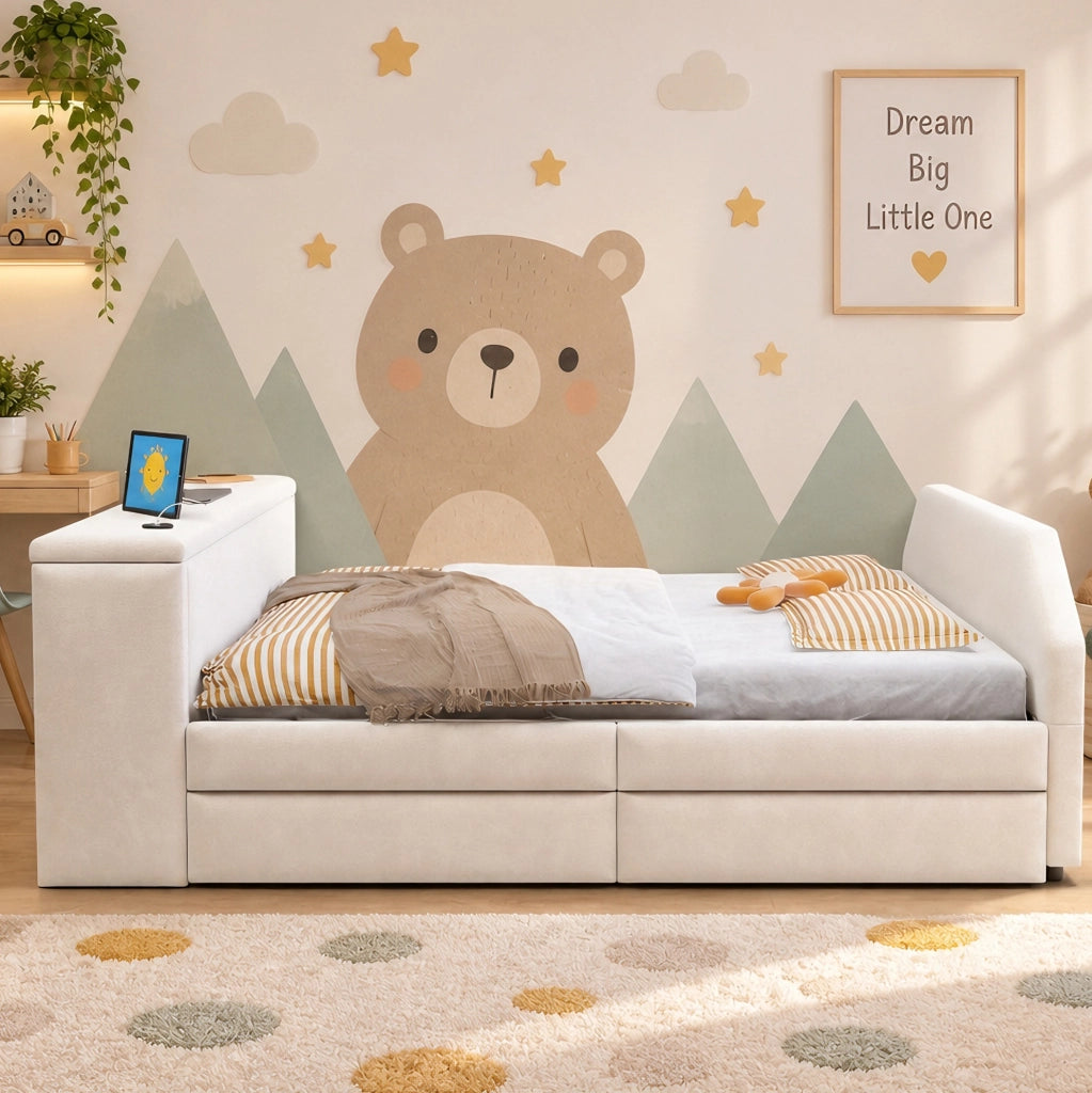 Letto imbottito 140x200 cm con scrivania, USB e letto estraibile in velluto beige