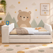 Letto imbottito 140x200 cm con scrivania, USB e letto estraibile in velluto beige