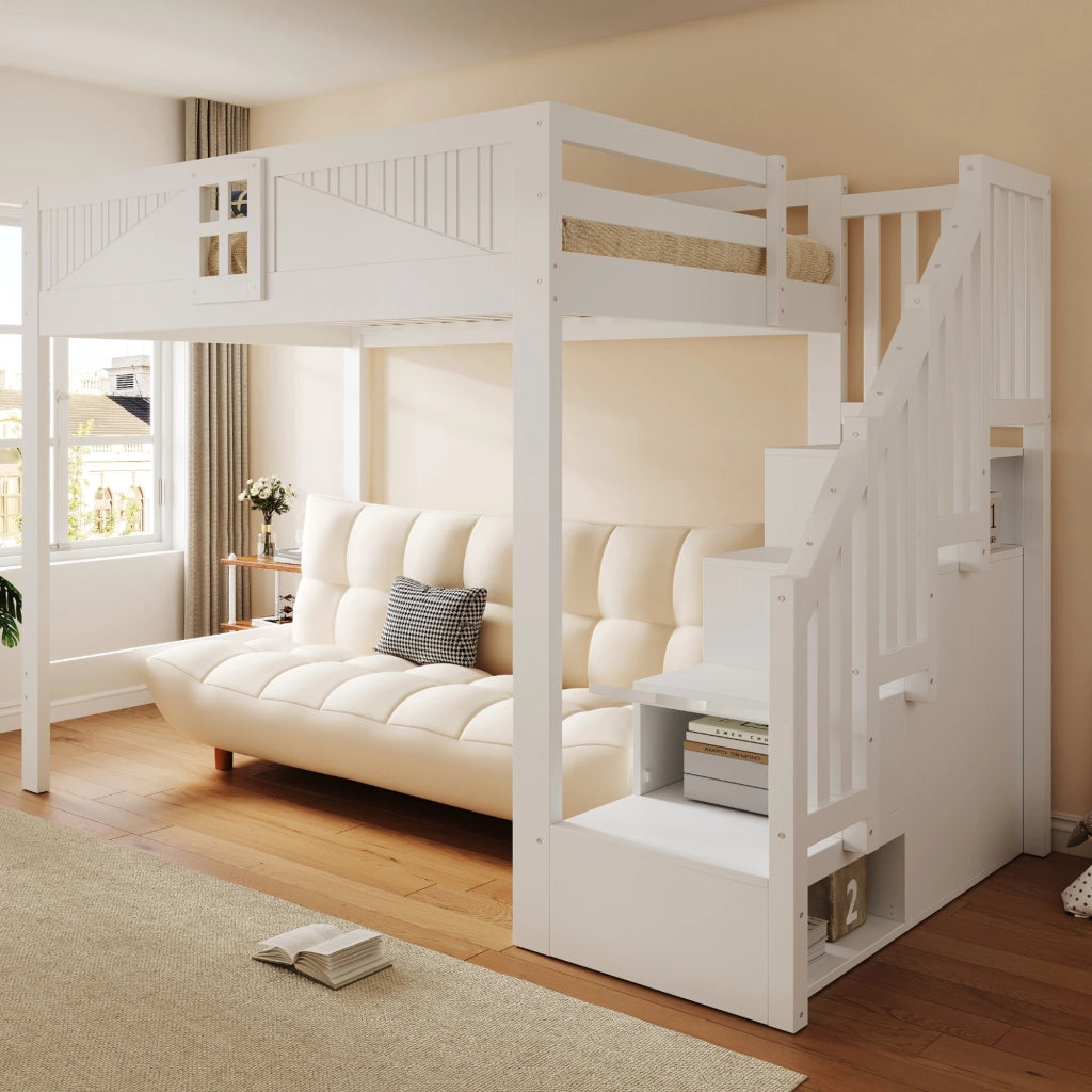 Letto a soppalco 140 x 200 cm - letto multifunzione con scaletta contenitore reversibile, contenitori e sponde con finestra - legno/MDF - bianco