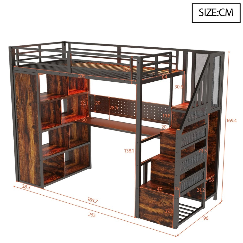 Letto a Soppalco con Scrivania, Armadio e LED ¨C MINIMAL ¨C 90x200, Metallo, Nero