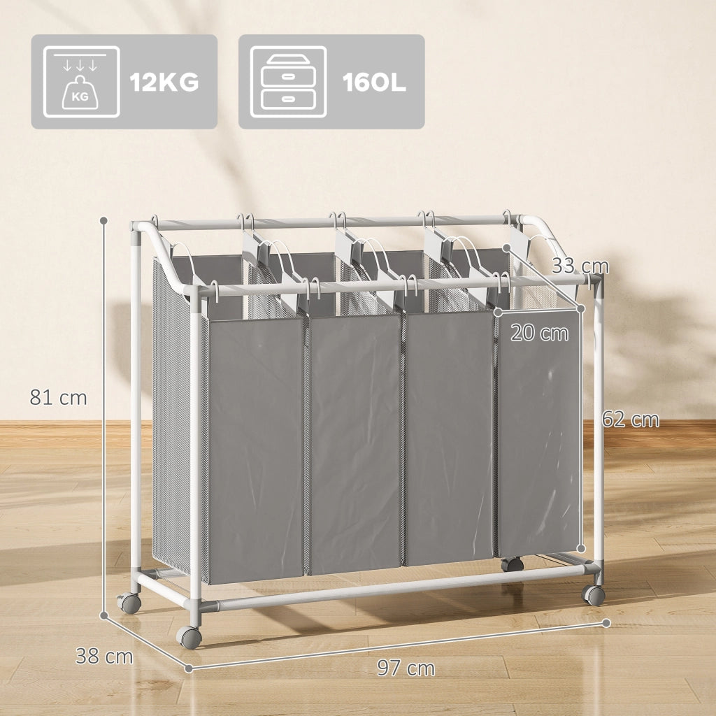 Cesto portabiancheria 4 scomparti 160L ¨C Xylo ¨C con ruote e sacchi rimovibili 97x38x81cm grigio