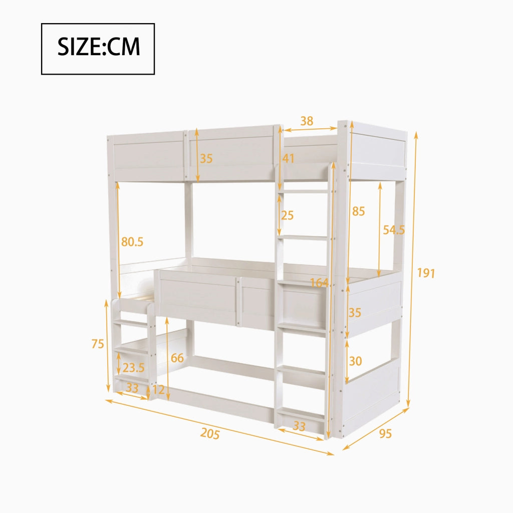 Letto a Castello Triplo 90x200 cm in Legno Massello Bianco; Letto a Tre Piani per Bambini Scomponibile con Barriere di Sicurezza
