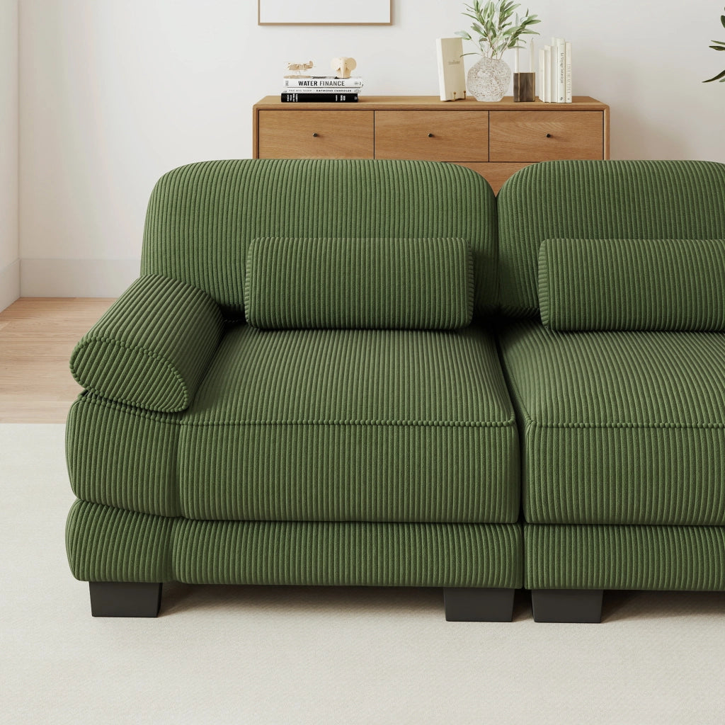 Divano modulare a L con pouf e cuscino lombare; 194 x 161 x 94 cm; verde