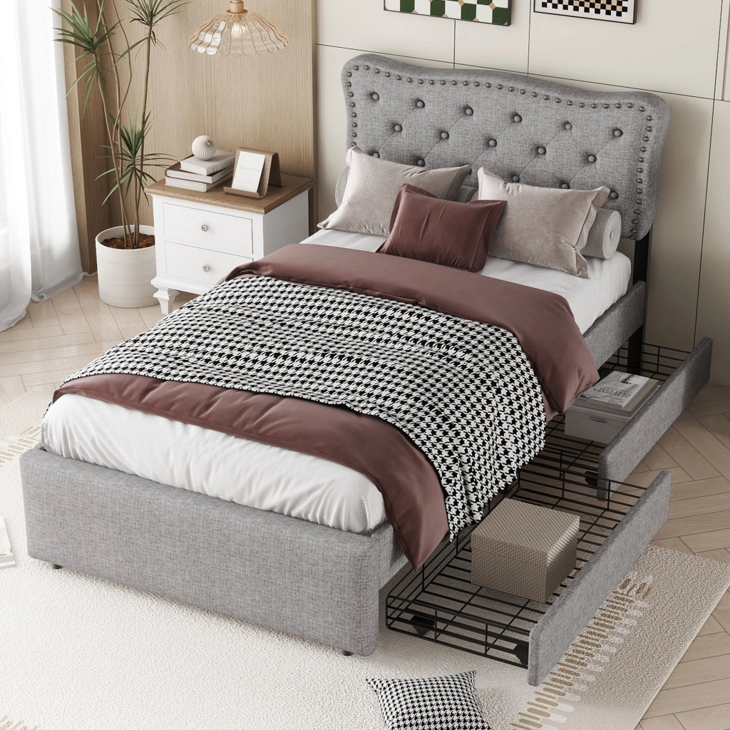 LETTO imbottito 90x200 cm con 2 cassetti in MDF e lino grigio