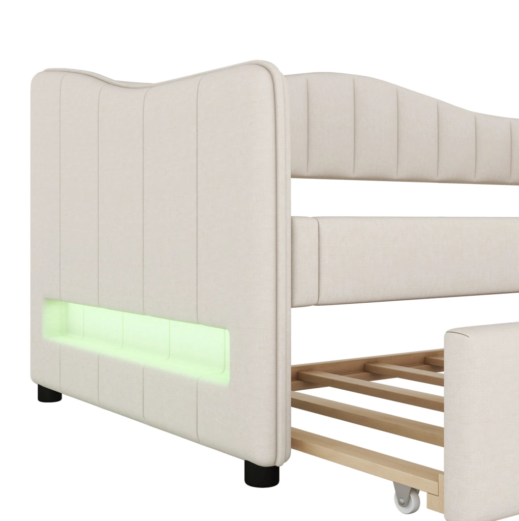 Letto Giorno 90x200 cm con Letto Estraibile, Divano Letto Singolo in Lino Beige Senza Materasso, Illuminazione Ambientale