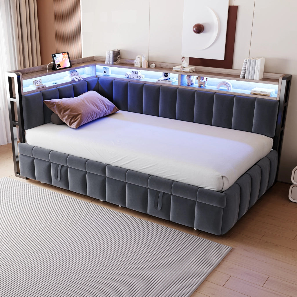 Letto Estraibile 90x200 cm con LED; USB e Type-C; Mensole e Velluto Grigio