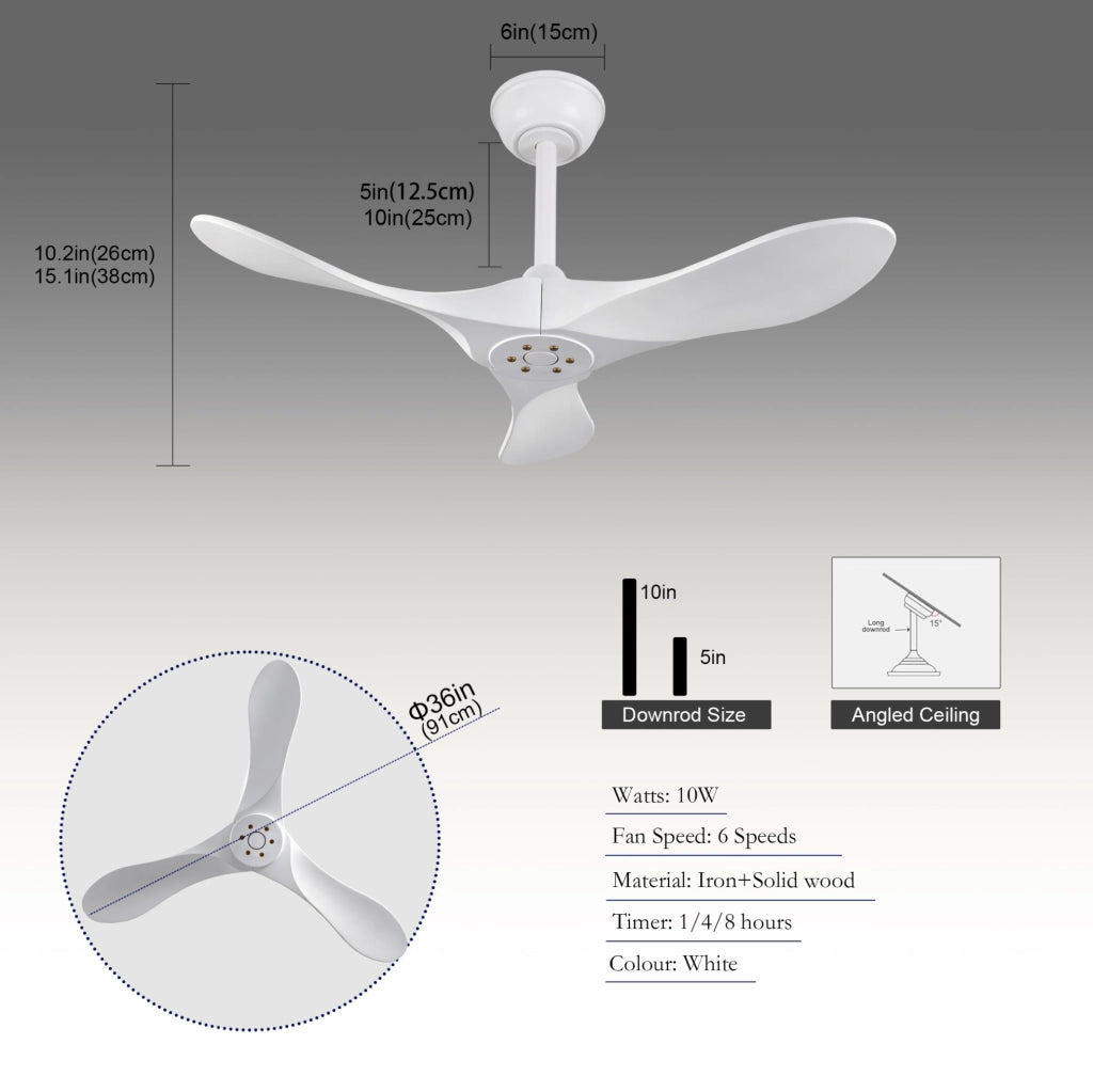 VENTILATORE DA SOFFITTO 91,4 cm Bianco 3 Pale in Legno Massello con Telecomando