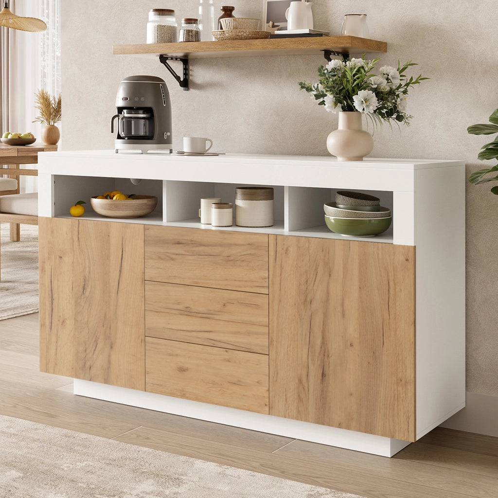 Credenza, 140 x 40 x 85 cm, 3 cassetti, finitura effetto legno, color legno naturale e bianco