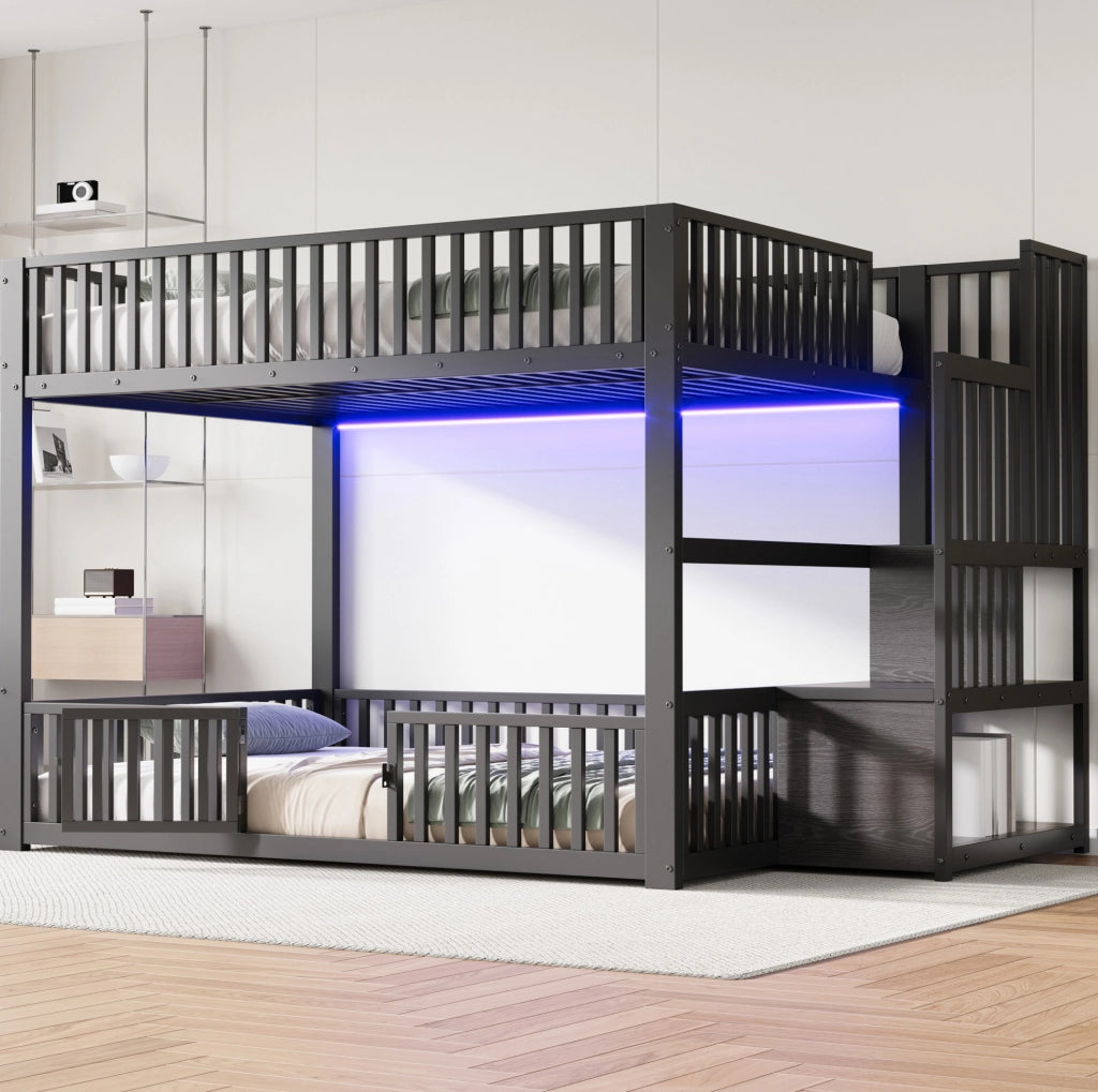 Letto a castello 140x200 con scala contenitore; LED; MDF e metallo; nero