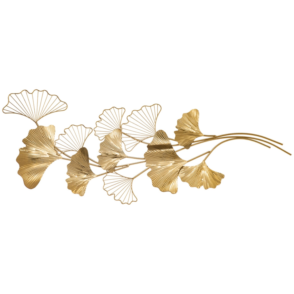 Decorazione Murale 3D in Metallo, Wall Art Dorata con Foglie di Ginkgo 138x70cm