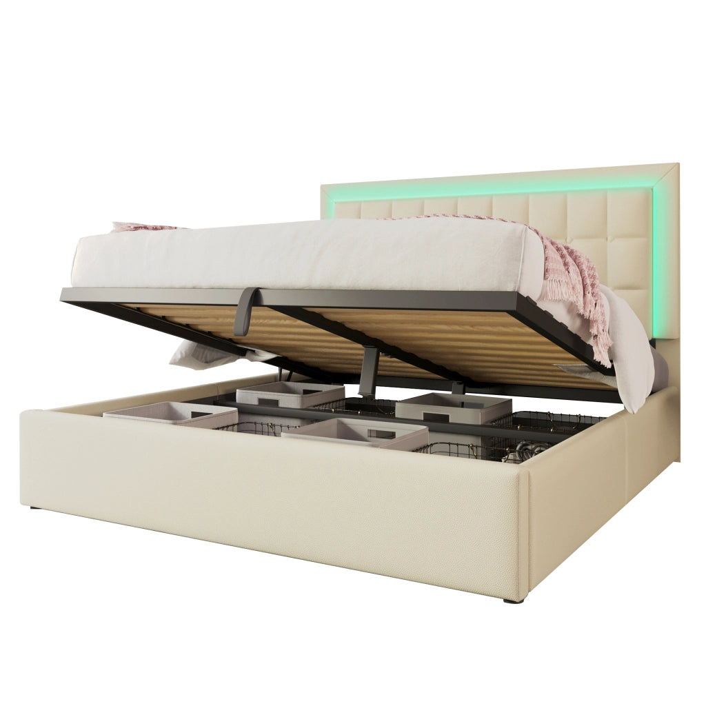 Letto contenitore 160 × 200 cm con materasso LED e rete a doghe rivestito in PU bianco con sollevamento idraulico