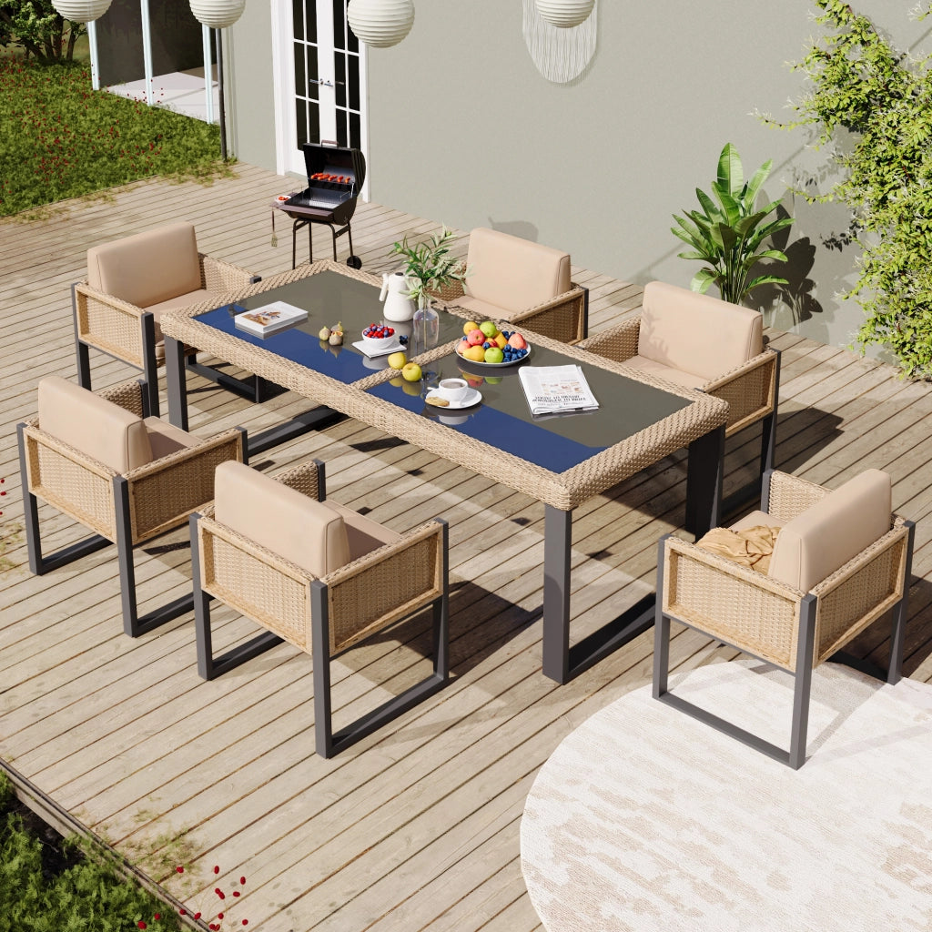 Set pranzo polyrattan 6 persone: poltrone; tessuto sfoderabile lavabile; marrone