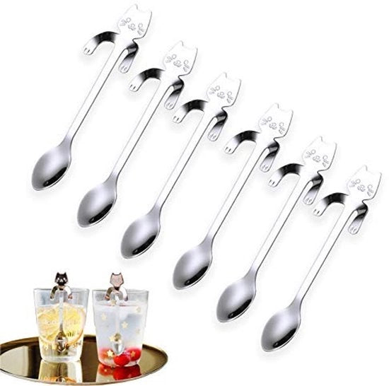 Set di cucchiai per caffè a forma di gatto - 304 Acciaio inossidabile - 6 pezzi - Cucchiaio per dessert - Cucchiaio per tè - Adatto per zucchero e panna