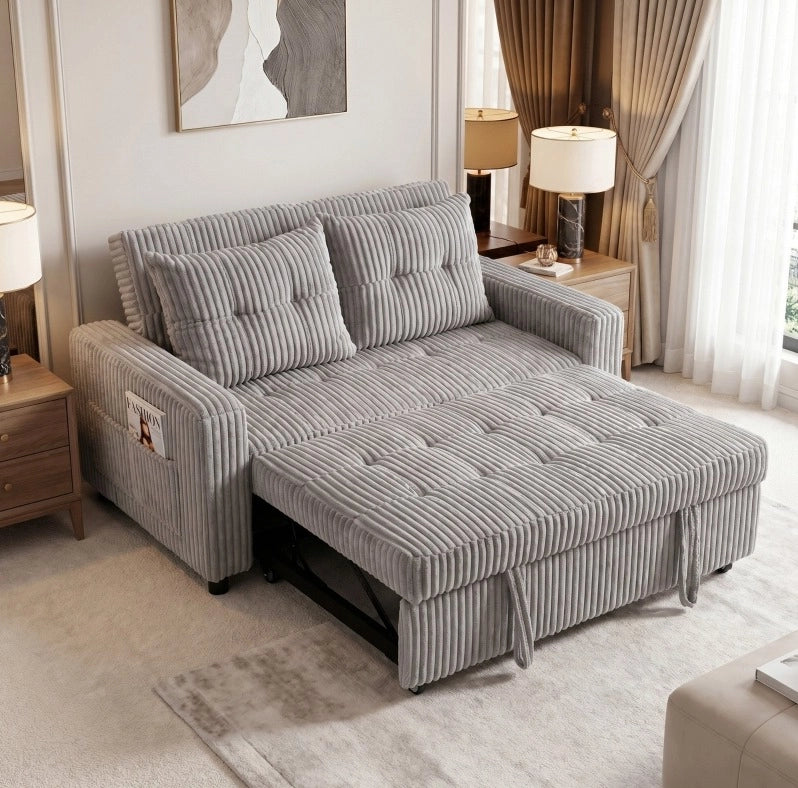 Divano letto 2 posti 3 in 1 in velluto a coste grigio chiaro
